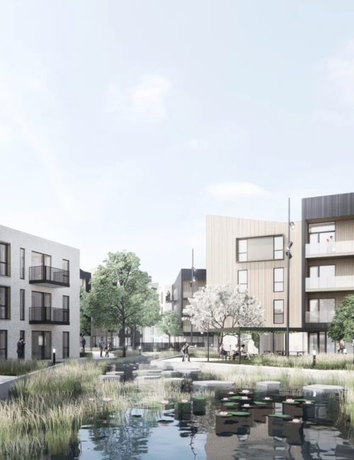 Visualisering af nyt boligprojekt på Nordlandsvej i Aarhus med etageboliger og grønne fællesarealer udviklet af Bennu Development